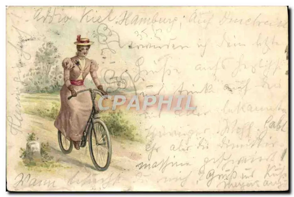 Frau auf dem Fahrrad — deutsche Ansichtskarte — Verlag unbekannt - Vorderseite