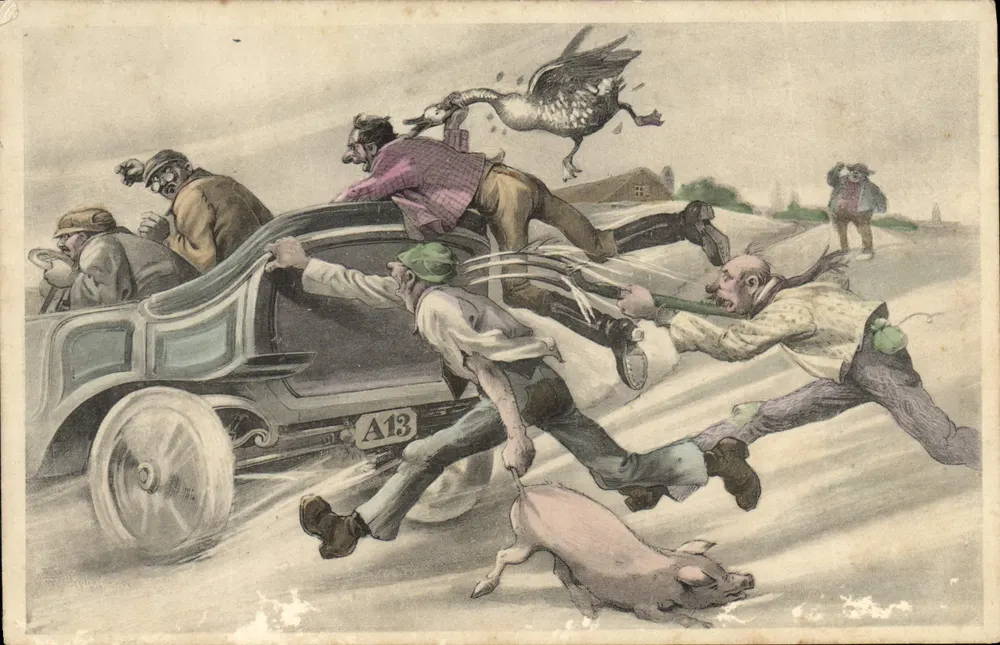 Ente-Jagd — komische Szene mit Wagen und Schwein — Verleger H. Ch. Christ, Nr. 167 - Vorderseite