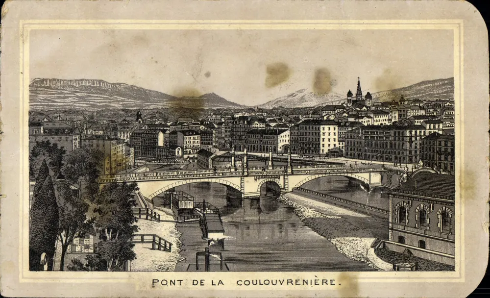 Pont de la Coulouvrenière — vue panoramique sur la rivière avec montagnes en arrière-plan — éditeur non visible - Recto