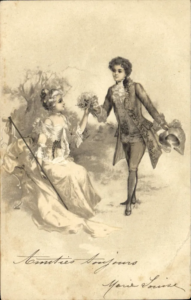 Jeune homme offrant un bouquet à une jeune femme assise — scène de courtoisie — éditeur Marie Louise - Vorderseite