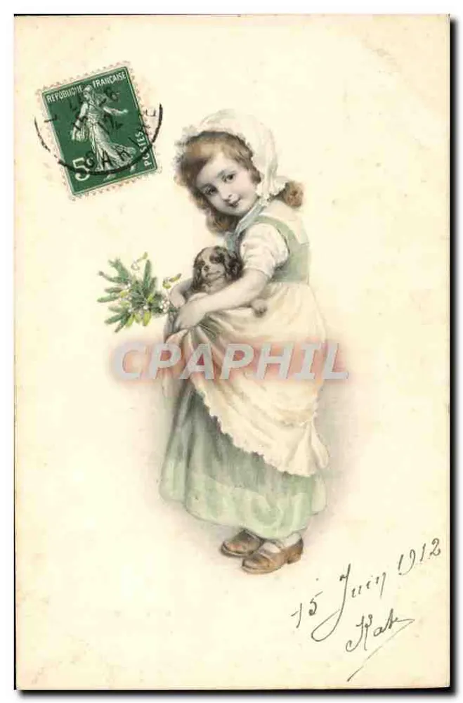 Fille tenant un petit chien — avec bouquet — éditeur M. M. Vienne, n° 238 - Recto