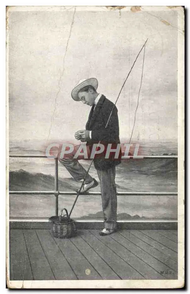 Jeune garçon pêchant — sur le pont d'un navire — éditeur M.J.S. - Vorderseite
