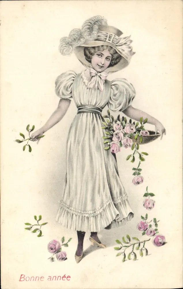 Junge Frau mit Rosen — Frohe Neujahr — Serie 502 - Vorderseite