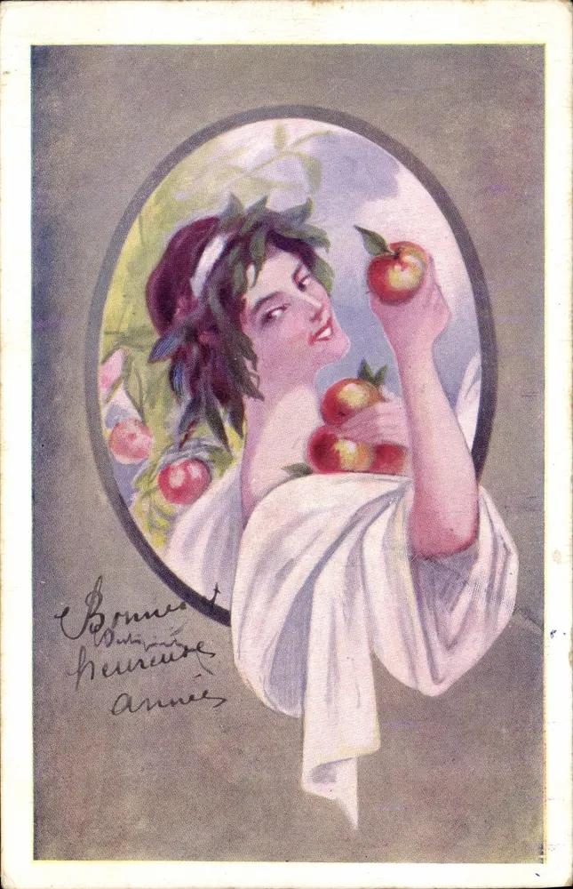 Jeune femme avec des pommes — Bonne et heureuse Année — éditeur Prise Paris, n° 181 - Recto