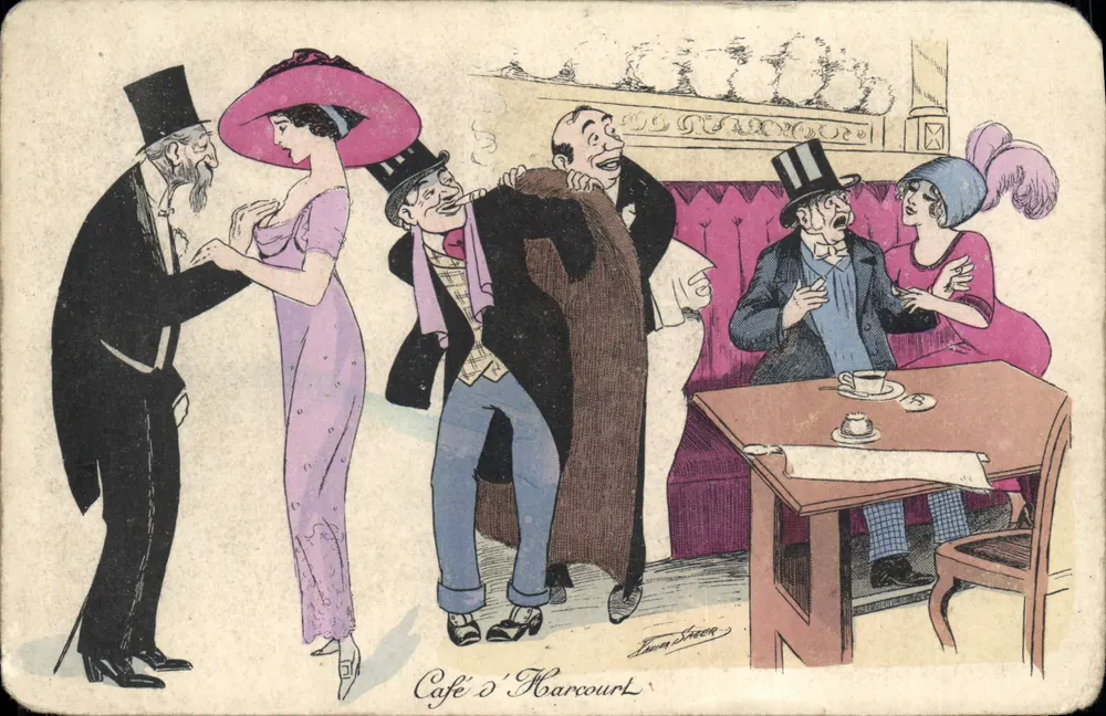 Café d'Harcourt — Café-Szene — Zeichnung von Jean Steer - Vorderseite