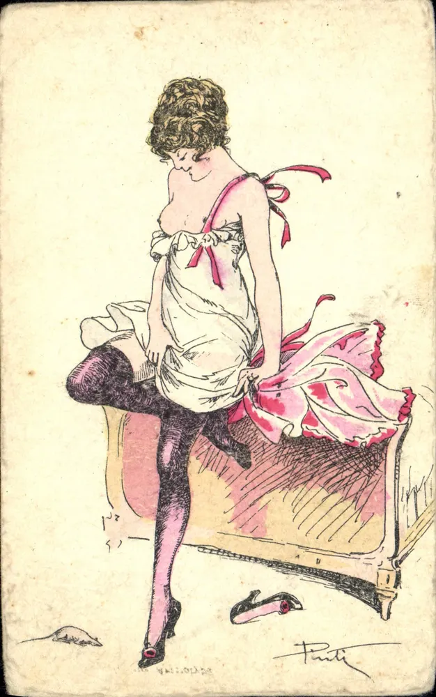 Frau in rosa Nachthemd — sitzt auf einem Bett — Verlag Marke Artesotype, Serie 20 - Vorderseite