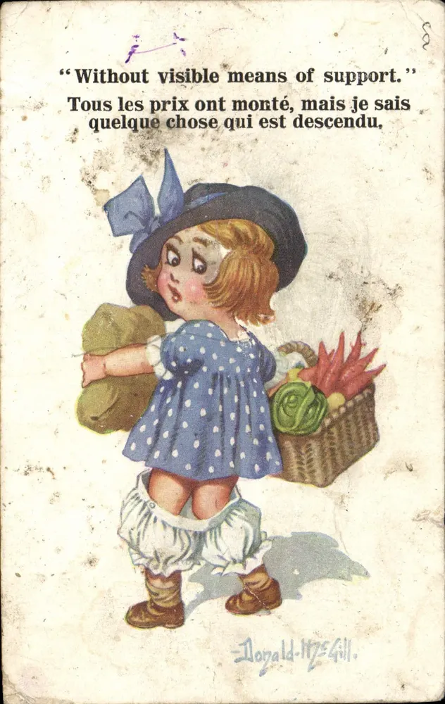 Petite fille portant un panier de légumes — éditeur Donald McGill, n° 4078 - Frente