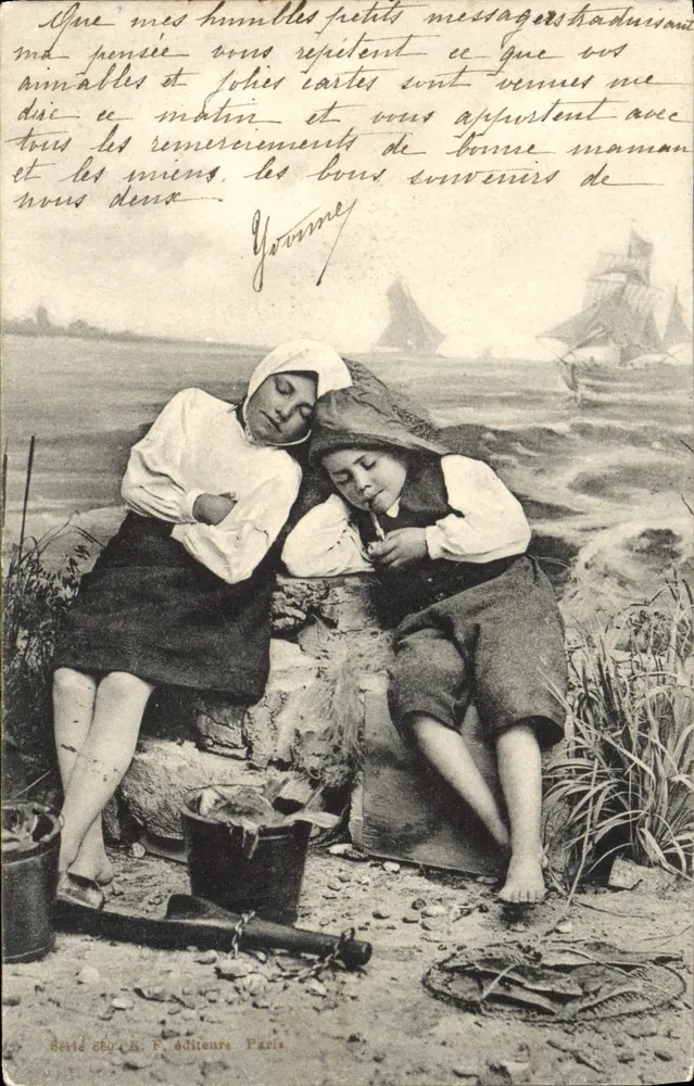 Zwei schlafende Kinder — Strand — Verlag R. F., Paris, Serie 660 - Vorderseite