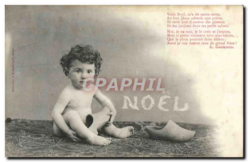Nacktes Kind sitzend — Weihnachten — Fotograf A. GABORIAUD & Cie, Paris - Vorderseite