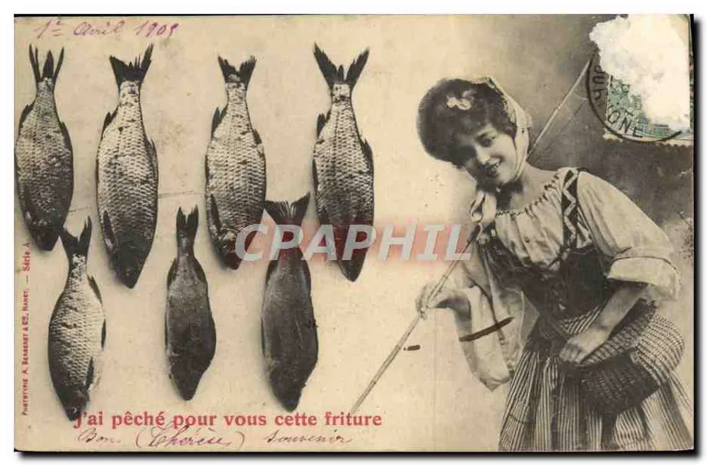 Fischen und Braten — Szene eines Fischers mit Fischen — Verlag Autonyme A. Bessard & Cie, Nîmes, Serie A - Vorderseite