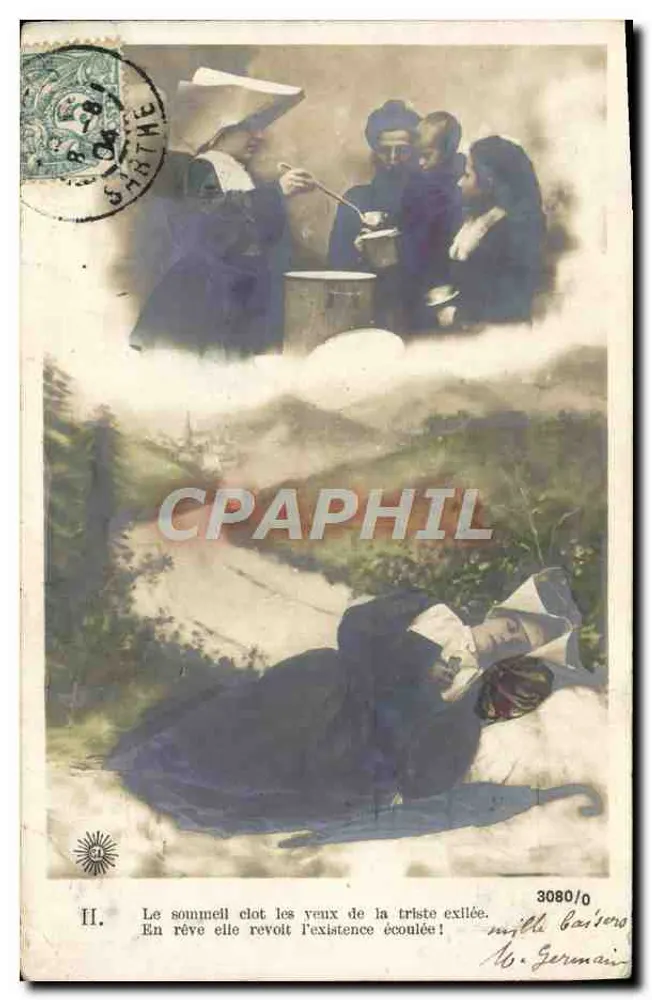 Lebensszenen — schlafende Frau und Gruppe im Hintergrund — Verleger: mill. Baryons, n° 3080/0 - Vorderseite
