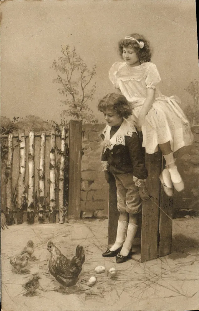 Enfants jouant avec des poussins et une poule — illustration — éditeur non visible - Recto