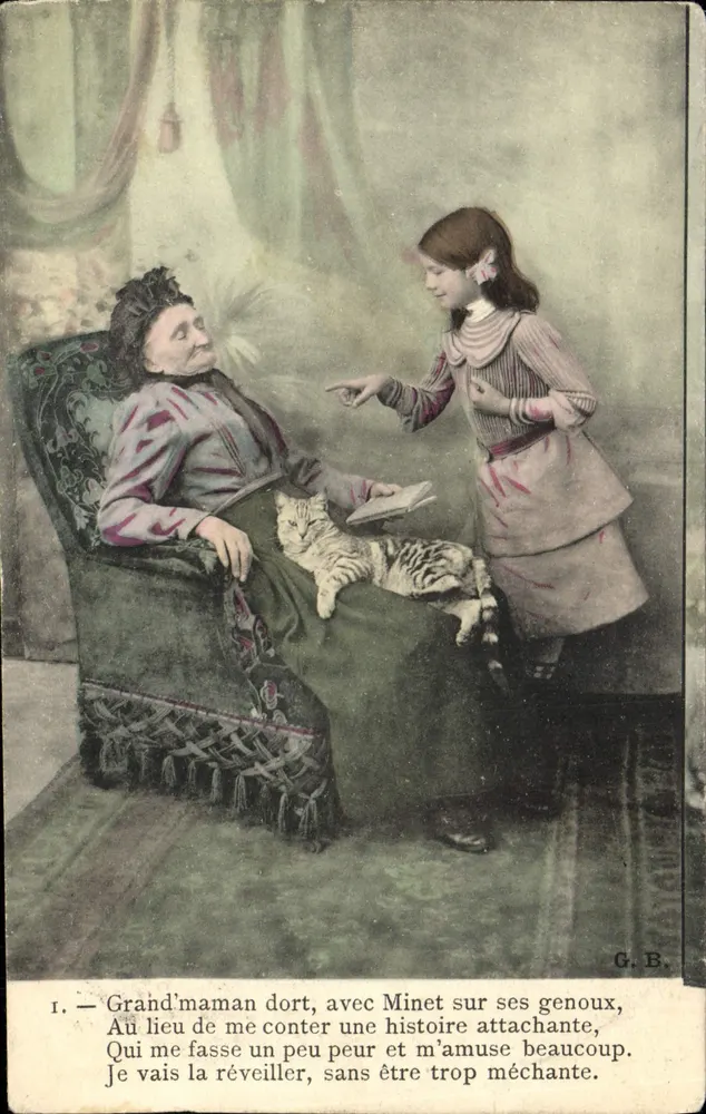 Grand'maman dort avec Minet — scène intime avec chat — éditeur G.B. - Recto
