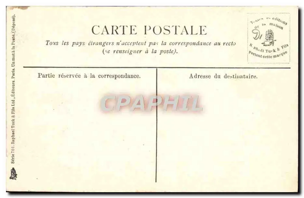 Le Pont de la Forêt — vista pitoresca de um ponte de madeira sobre um lago cercado por floresta — editor Raphael Tuck & Fils, série 701 - Verso
