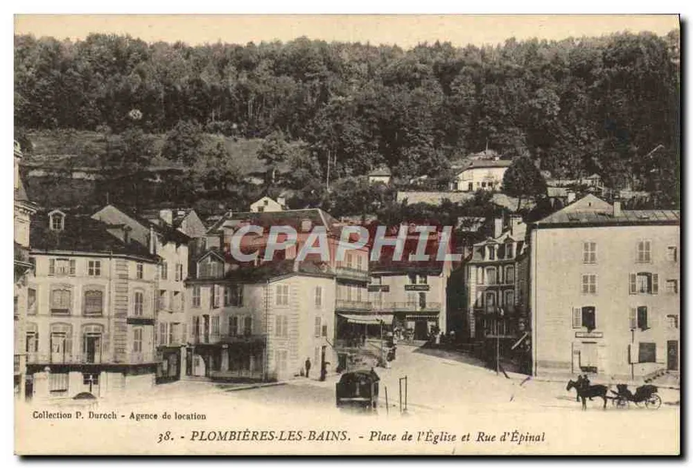 Plombières-les-Bains — Ansicht der Place de l'Église und Rue d'Épinal — Sammlung P. Duroch - Vermietungsbüro, Nr. 38 - Vorderseite