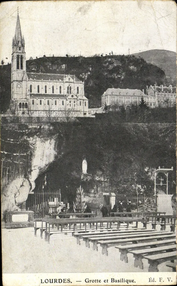 Lourdes — Gruta e Basílica — Éd. F. V. - Frente