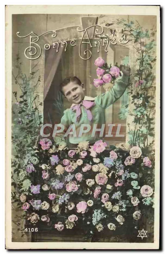 Criança sorrindo com buquê de rosas — Boa Ano — editor XPO, n° 4106 - Frente