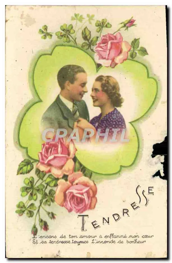 Cœurs enlacés — scène amoureuse encadrée de roses et de trèfles — éditeur imprimeur non visible - Vorderseite