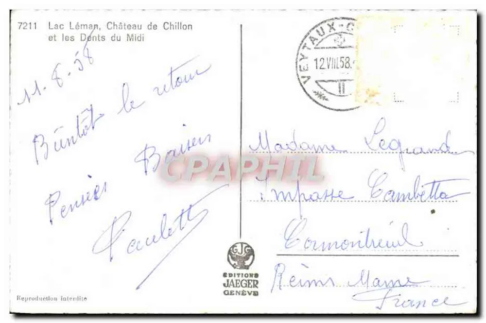 Lac Léman, Schloss Chillon und die Dents du Midi — Éditions Jaeger, Genf, n° 7211 - Rückseite