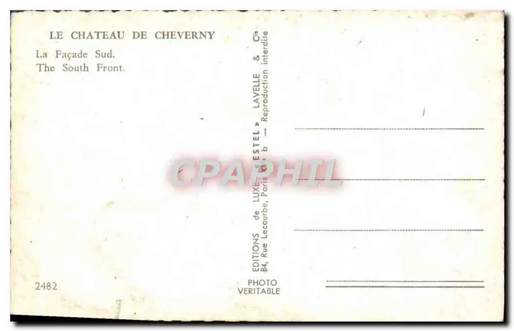 Castelo de Cheverny — Fachada Sul — Editor Estel, n° 2482 - Verso