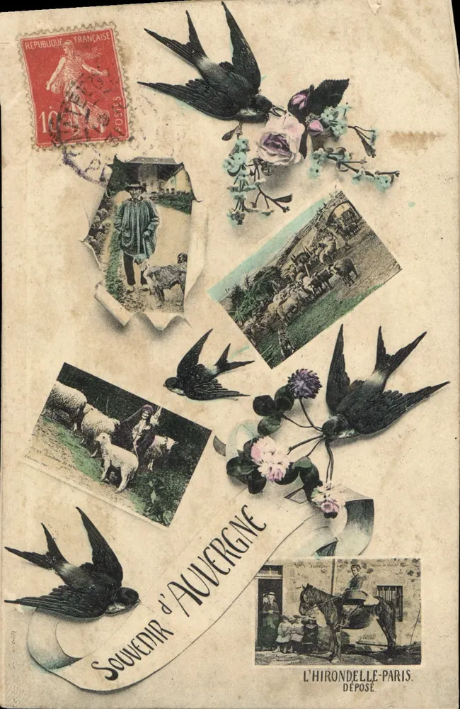 Souvenir d'Auvergne — collage de scènes rurales et d'oiseaux, éditeur L'HIRONDELLE-PARIS - Frente