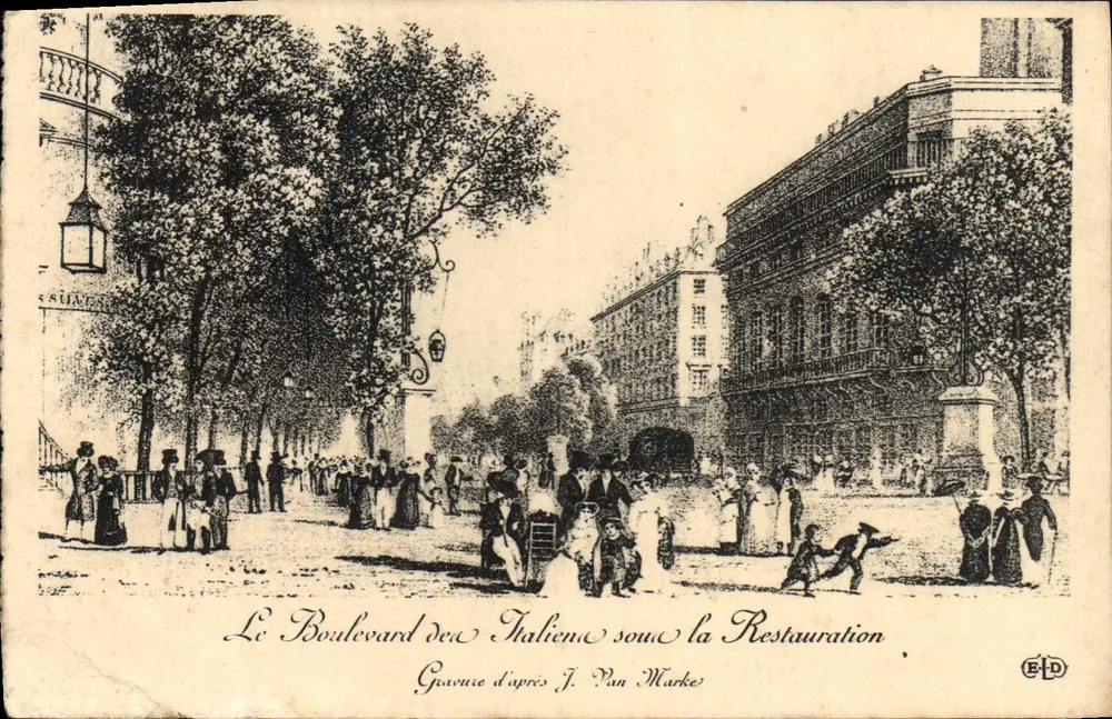 Le Boulevard des Italiens sous la Restauration — Gravure d'après J. Van Marcke, éditée par ELD - Vorderseite