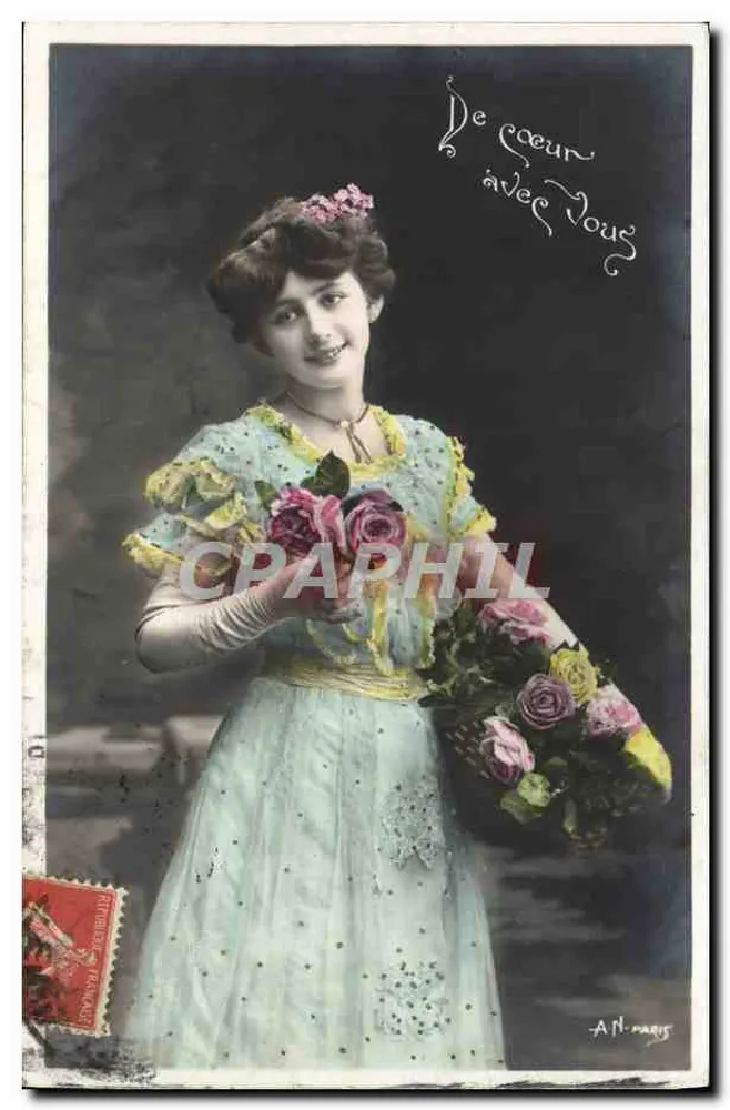 Mein Herz bei Ihnen — junge Frau in blauer Robe mit Rosenstrauß in der Hand — A.N. NARIS - Vorderseite