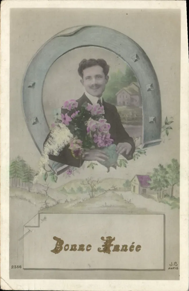 Mann mit Blumenstrauß — Frohes Neues Jahr — J.C. PARIS n°2336 - Vorderseite