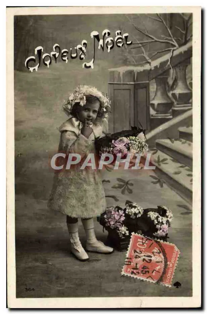 Menina com vestido de pele segurando um cesto de flores — Feliz Natal — editor anônimo, n° 364 - Frente