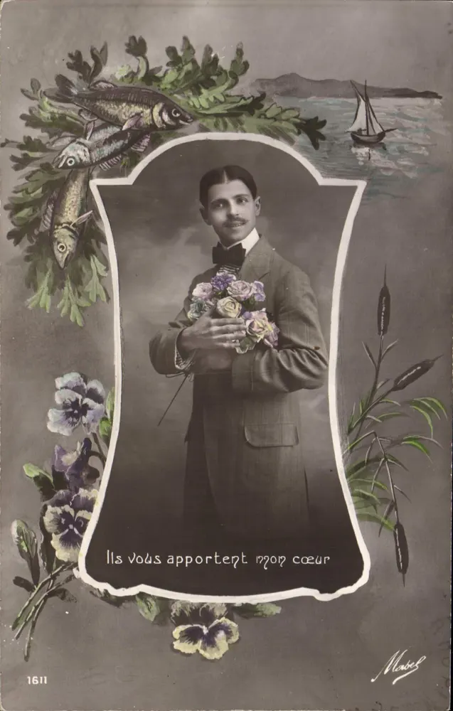 Porträt eines Mannes mit Blumenstrauß — 'Sie bringen mir Ihr Herz' — Marcel, Nr. 1611 - Vorderseite