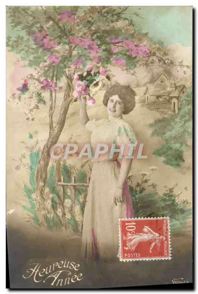 Femme souriante sous un arbre fleuri — 'Heureuse Année' — Véloin & Cie - Recto
