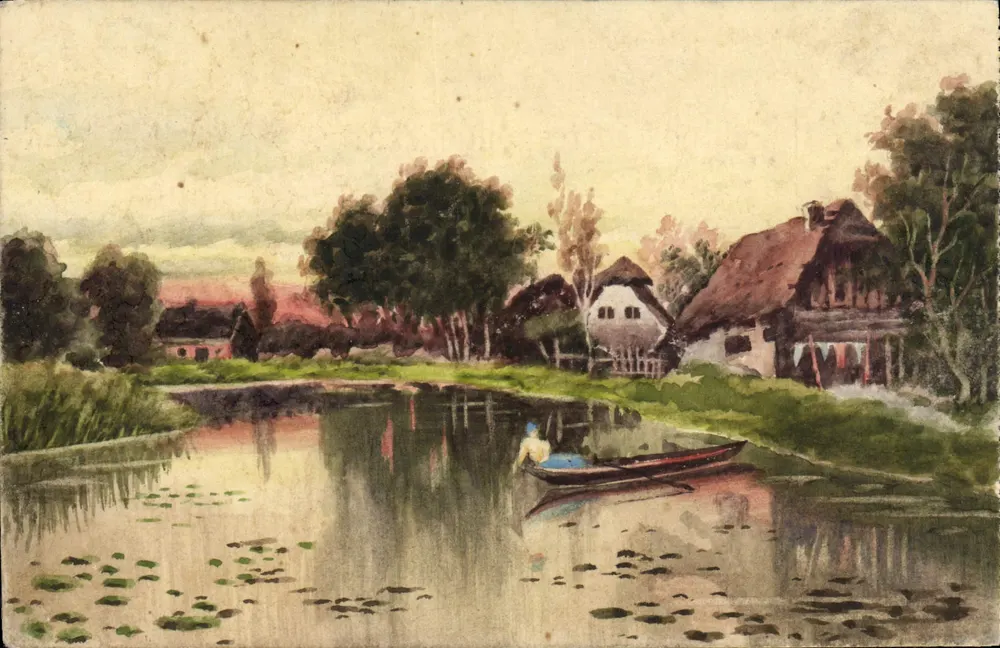 Paisagem fluvial com casa de telhado de palha — carta postal militar alemã — Feldpostkorrespondenzkarte - Frente