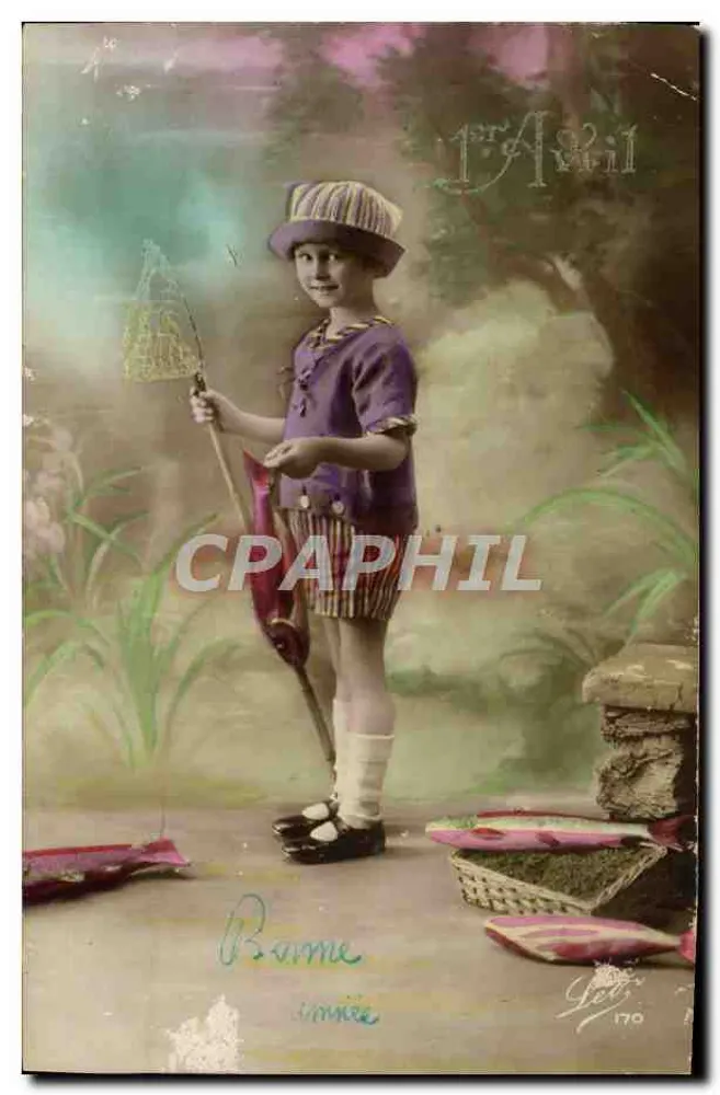 Enfant en costume de pêcheur — scène de studio avec décor de rivière — éditeur Yves, n° 170 - Frente