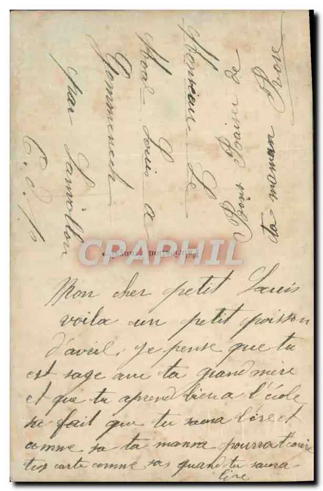 Enfant en costume de pêcheur — scène de studio avec décor de rivière — éditeur Yves, n° 170 - Verso
