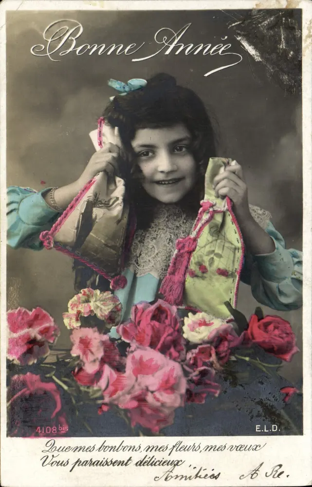 Menina com buquê de rosas — Boa Ano — E.L.D. n° 4108 bis - Frente