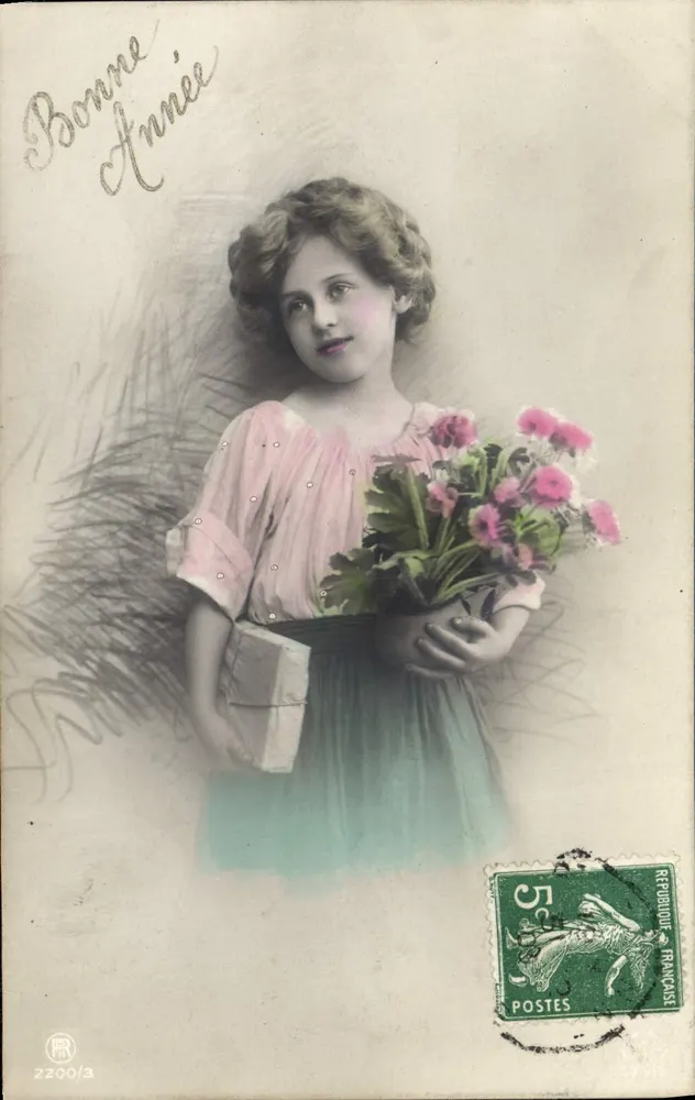 Menina segurando um buquê de flores — Boa Ano — n° 2200/3 - Frente
