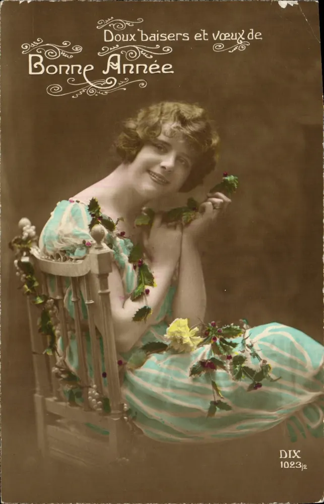 Jeune femme en robe bleue — vœux de bonne année — éditeur DIX n° 1023½ - Recto