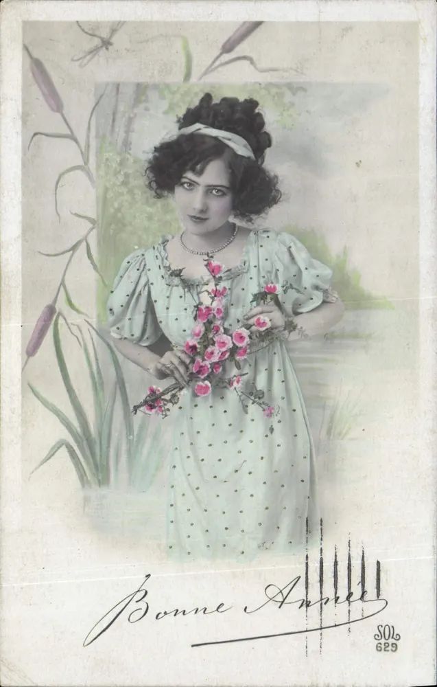 Femme en robe à pois tenant des roses — Bonne Année — SOL 629 - Recto