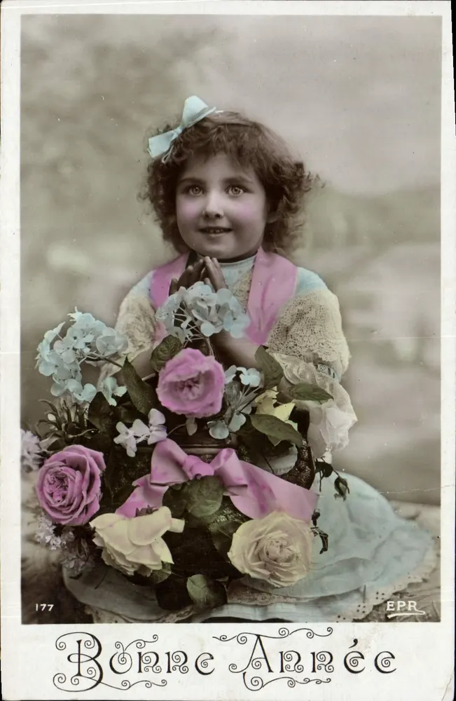 Fille avec bouquet de fleurs — Bonne Année — EPR, n°177 - Anverso