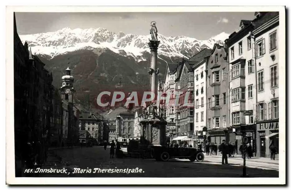 Innsbruck, Maria Theresienstraße — vista da praça com coluna e montanhas nevadas — editor: Lokaljiner Kunstverlag Kitzer & Els Brunnhoff - Frente
