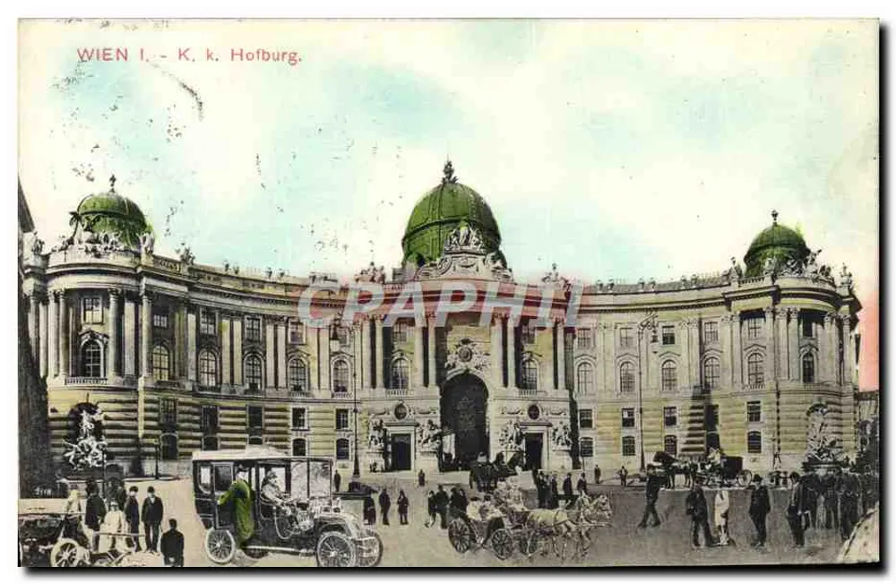 Wiedeń I - K. k. Hofburg — widok pałacu cesarskiego z wozami konnymi i samochodem — wydawca Brüder Timm, Wien III/2 - Awers