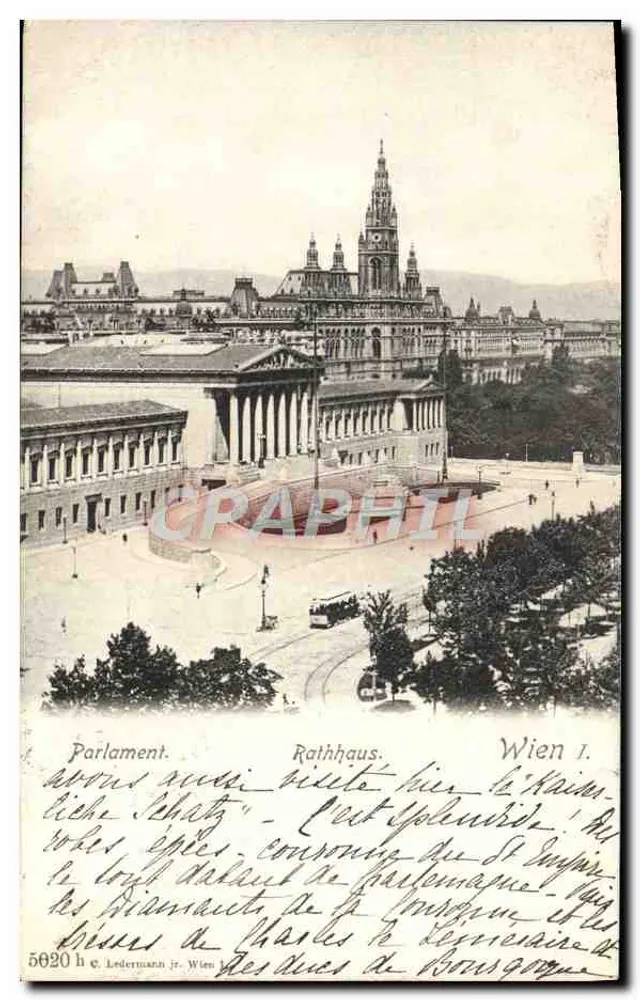 Vues de Vienne — Parlament et Rathaus — éditeur Ledermann jr. Wien, n° 5020 - Frente