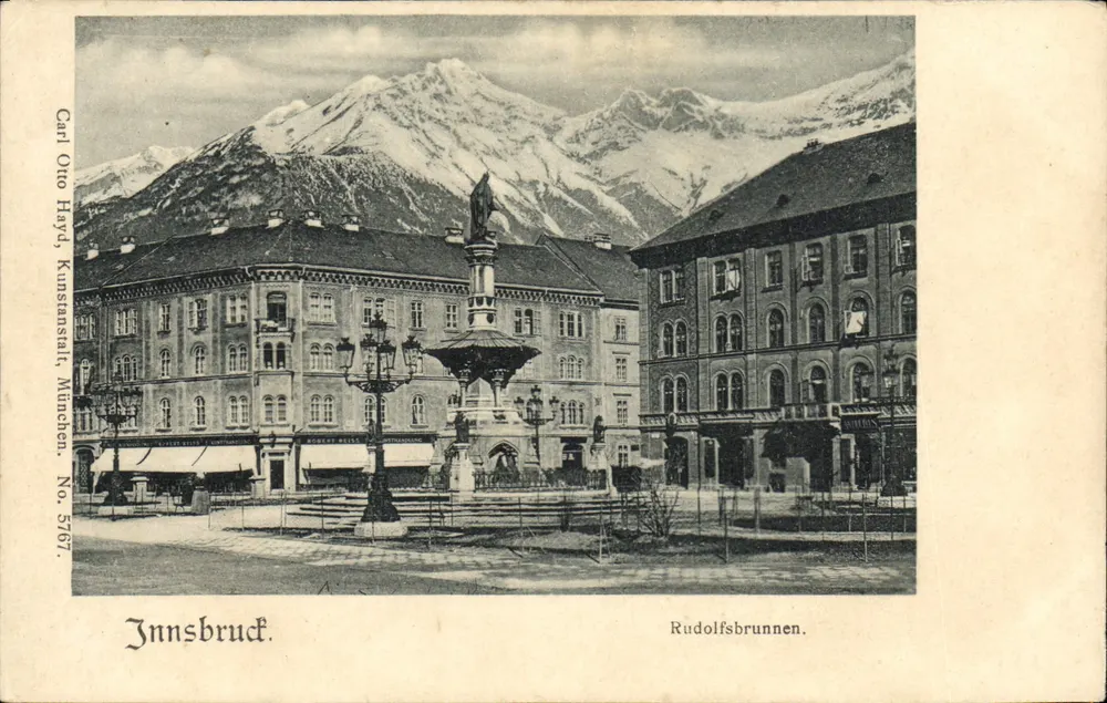 Innsbruck — Rudolfsbrunnen met sneeuwbedekte bergen — Carl Otto Hayd, Kunstanstalt, München, Nr. 5767 - Voorkant