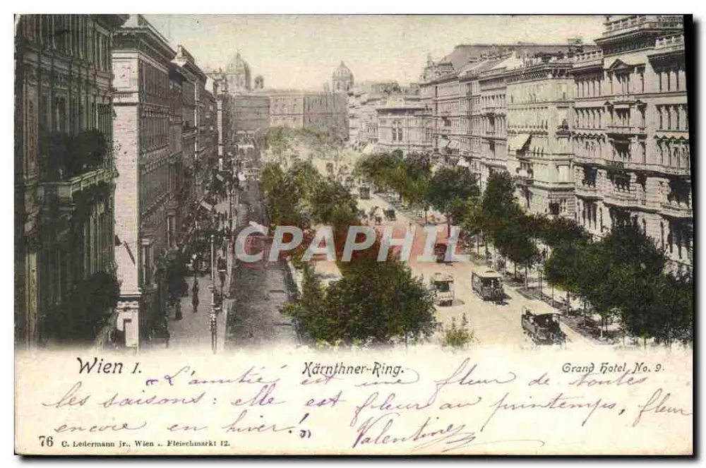 Wien I. — Vue de la rue Kärnthner-Ring avec le Grand Hotel No. 9 — éditeur C. Leidermann jr., Wien, Fleischmarkt 12, n° 76 - Frente