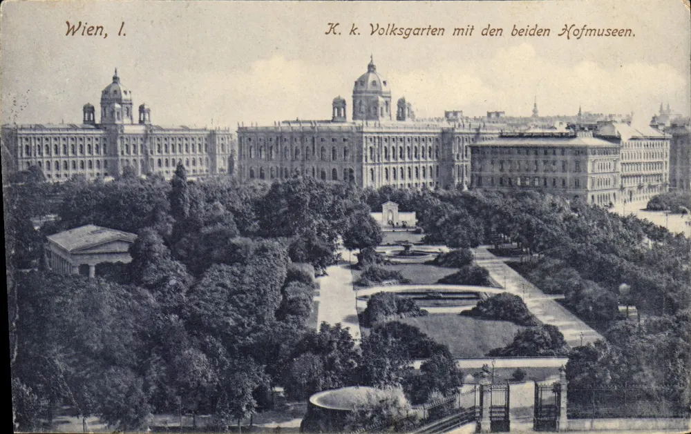 Volksgarten mit den beiden Hofmuseen — Wien, I. — Verlag Wolf, Wien - Vorderseite