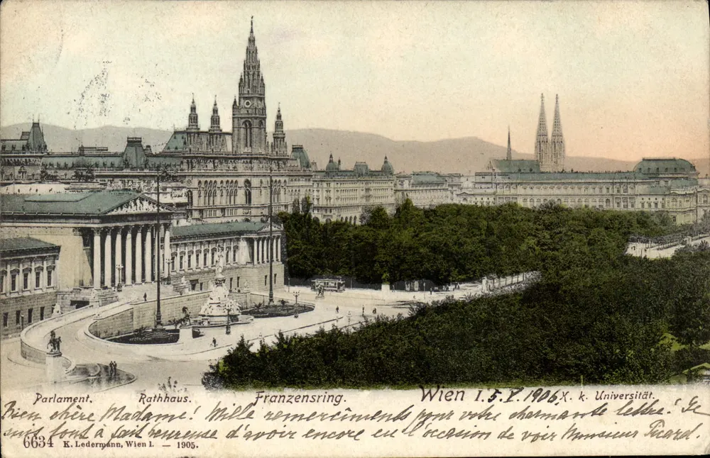 Ansicht von Wien — Parlament, Rathaus, Franzensring, k. Universität — K. Ledermann, Wien L. n° 6634 - Vorderseite