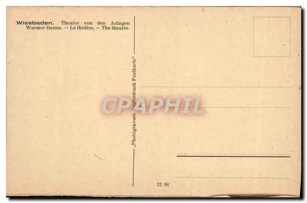 Wiesbaden — Theater von den Anlagen — Photogravure Kupferdruck Positikarte - Rückseite