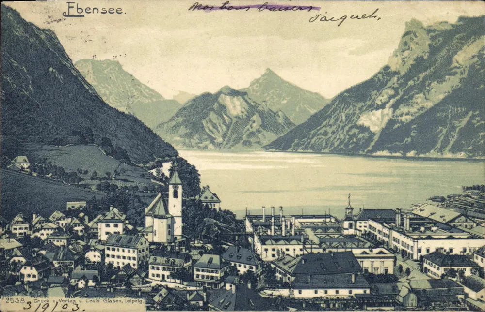 Ebensee — vista do lago e do vilarejo — Druck u. Verlag v. Louis Glasen, Leipzig, n° 2538 - Frente