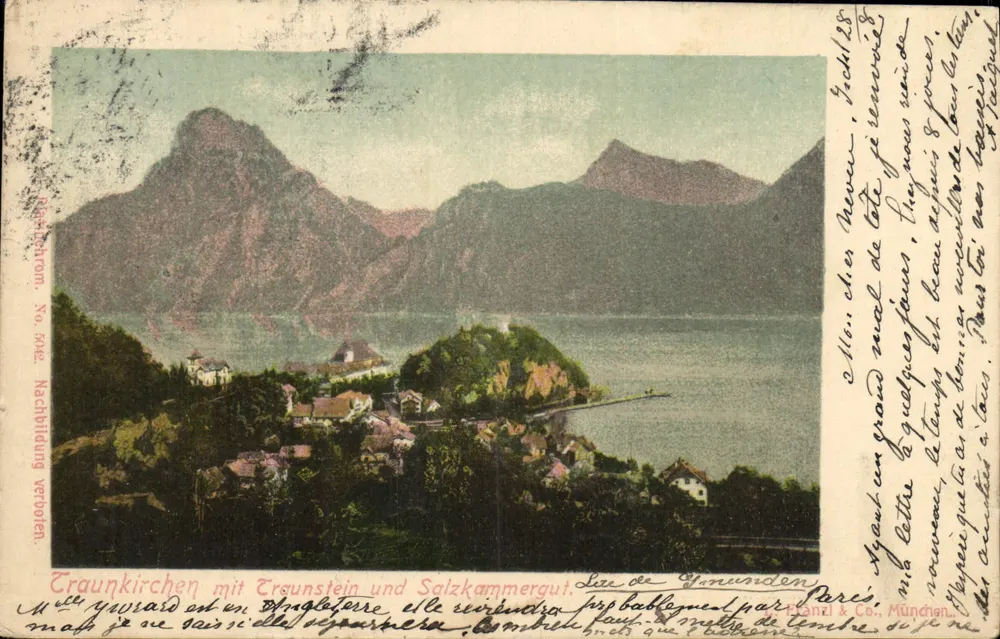 Traunkirchen com Traunstein e Salzkammergut — Reprodução proibida — editor Franz & Co. München, n° 302 - Frente