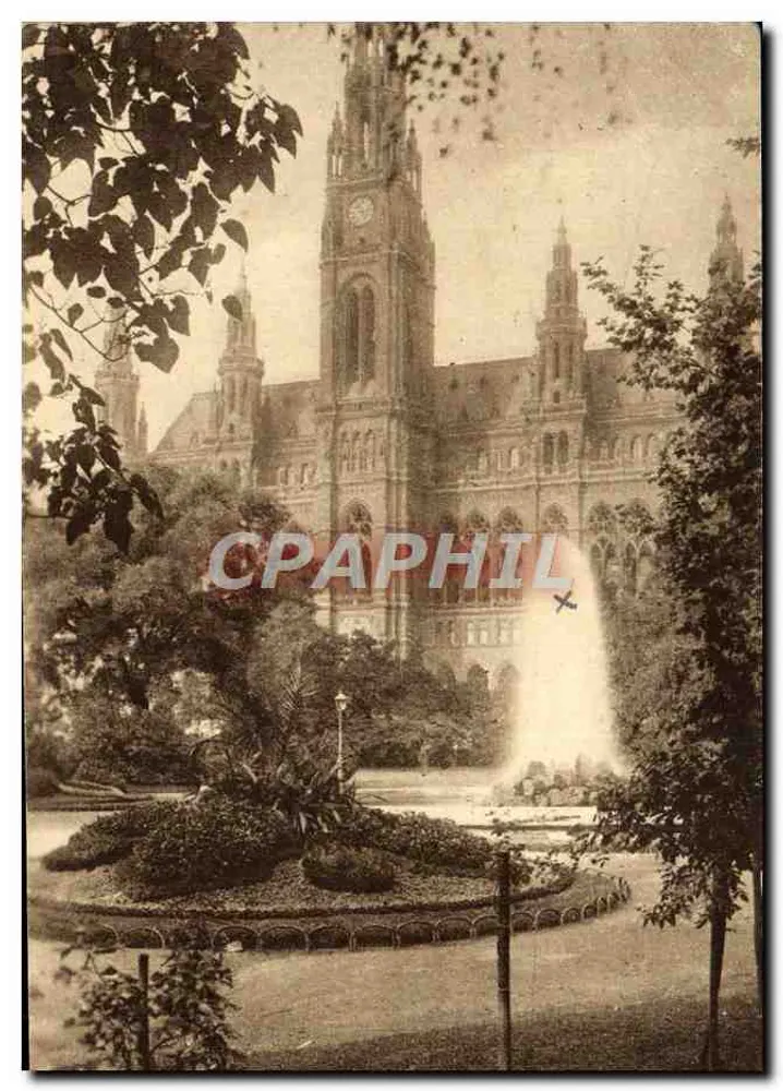 Le Rathaus de Vienne — vue du bâtiment avec fontaine et arbres — éditeur Gerlach & Wedling, Wien - Voorkant